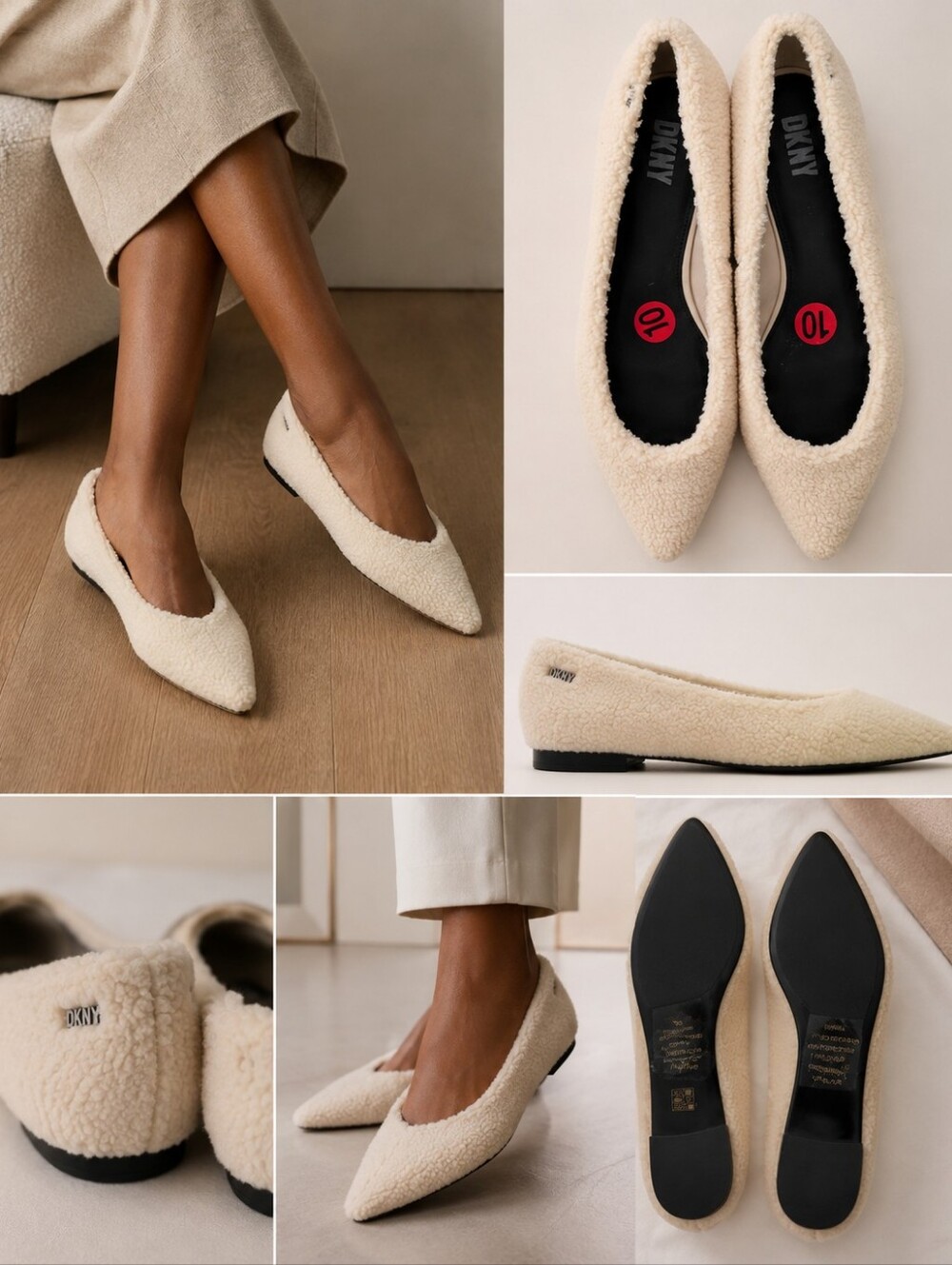 DKNY Cream Sherpa Pointed Ballet Flats